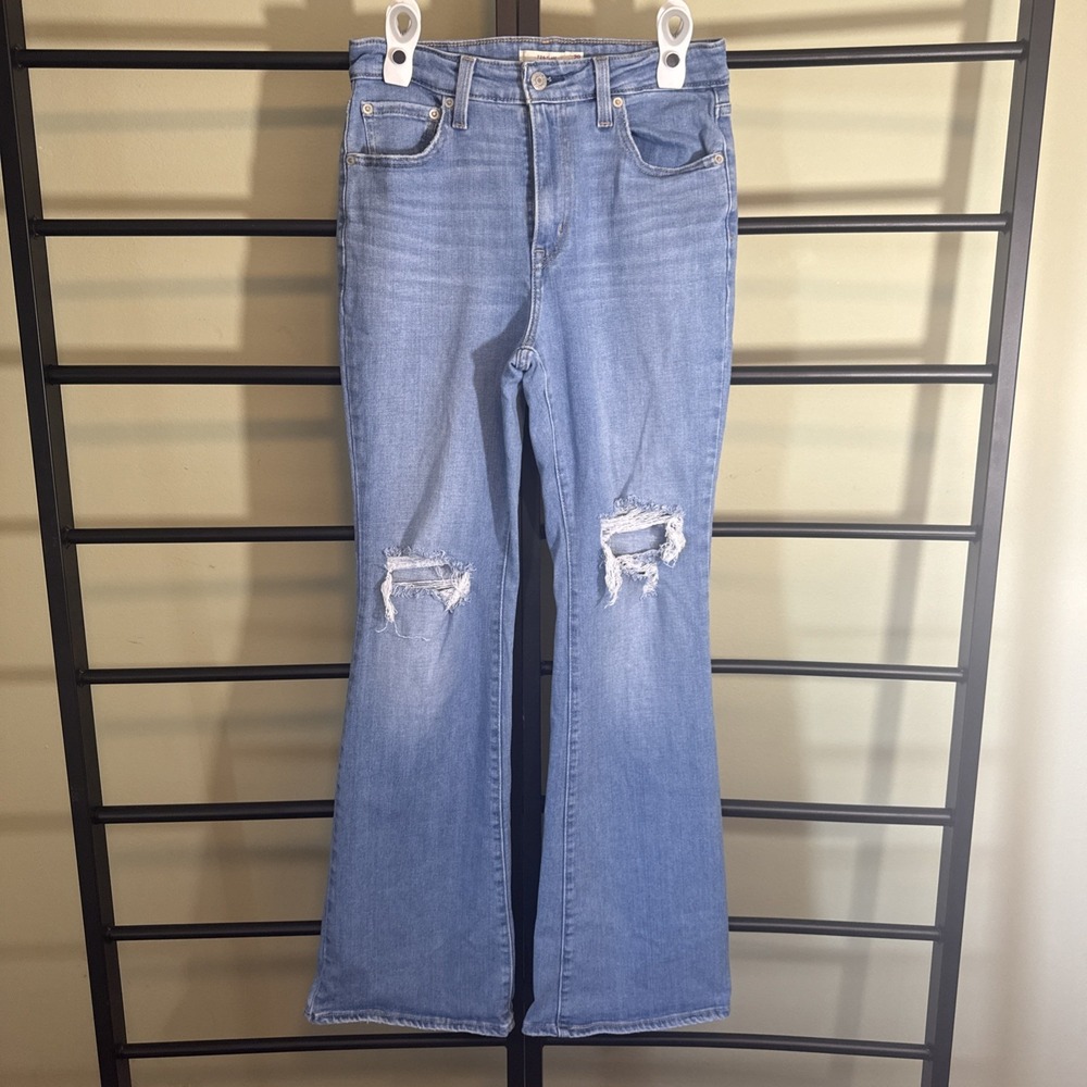 Levi's 726 Jeans Women's Blue Denim High Rise Flare With Rips Light Wash Size 29